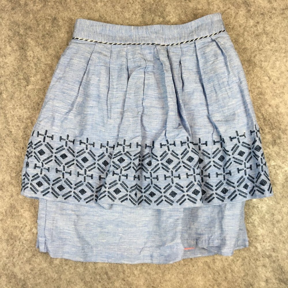 Anthropologie Odille Skirt 4 Blue Linen Blend Layered Embroidered A Line Knee